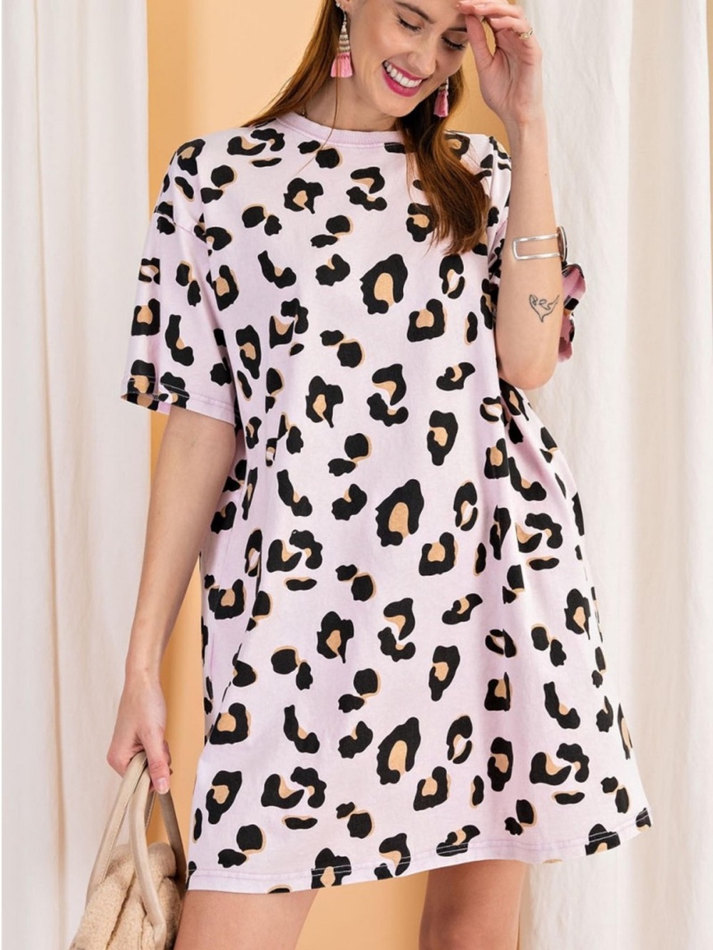 Pink Leopard Print Short Sleeve Dress